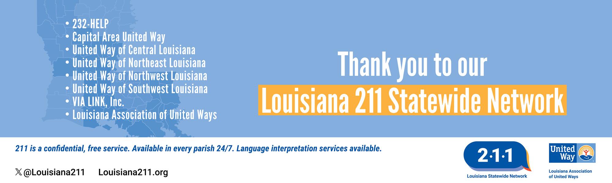 Image of Louisiana with thank you message to Louisiana 211 Statewide Network