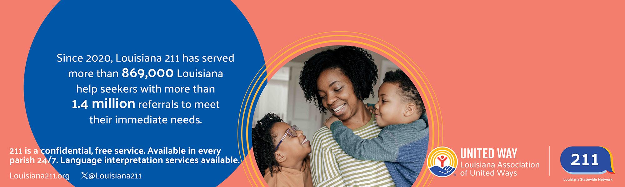 Image of a mother with children and copy promoting Louisiana 211 efforts.